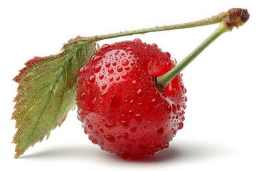 Aufkleber - Fresh red cherry with water droplets resting on a white background and green leaf