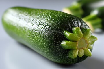 Poster - Freshly harvested zucchini on a light background with water droplets showcasing freshness and quality