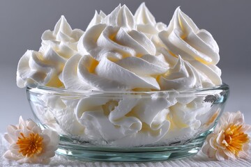 Poster - Whipped cream beautifully garnished in a glass bowl with delicate flowers on a serene white background