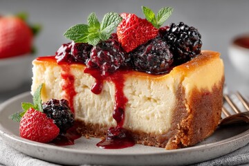 Poster - Delicious cheesecake topped with fresh berries and mint on a gray plate