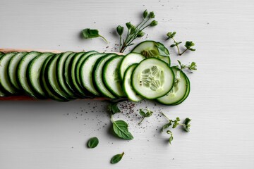 Poster - Fresh cucumber slices arranged on a wooden cutting board with herbs and spices in a kitchen setting