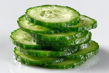 Poster - Freshly cut cucumber slices stacked neatly on a white surface ideal for salads, garnishes, or healthy snacks
