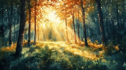 Poster - Majestic forest captured with sunlight filtering through tall trees creating a golden glow