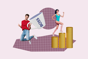 Aufkleber - 3d trendy image photo collage of happy businessman businesswoman receive dollar income success capital profit millionaire