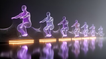 Aufkleber - technology style whit net glowing wave,glowing line glow wave,glow line , fitness class training on rowing machine.stock image