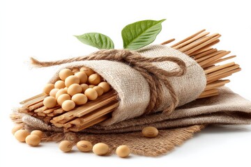 Poster - Natural soybeans and wooden sticks wrapped in burlap showcasing organic farming practices for sustainable living