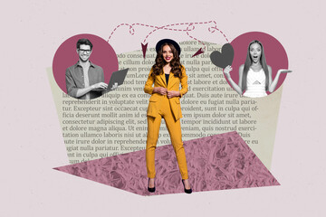 Poster - 3d image sketch art full zine photo collage of happy girl guy stand bubble communication chat notification dialogue talk