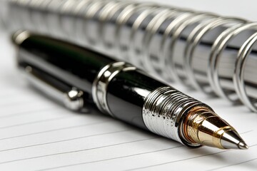 Poster - Elegant pen lying on neatly lined paper beside a stack of metal rings, perfect for note-taking and writing