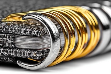 Poster - Close-up view of metal rings binding a notebook showcasing a detailed texture and a mix of colors