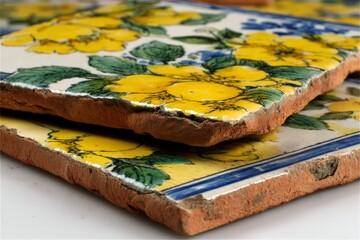 Poster - Bright yellow floral tiles showcasing intricate ceramic craftsmanship in a warm setting