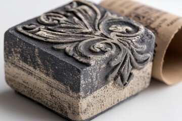 Aufkleber - Decorative soap with intricate design sits beside cardboard packaging on a plain surface