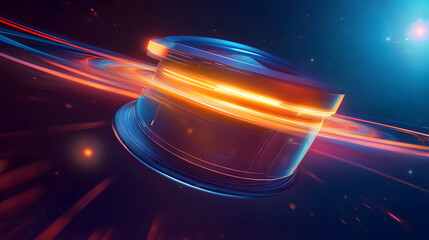 Poster - Technological Lens: A futuristic lens glows with vibrant energy, capturing light in a dynamic display of innovation and progress, evoking a sense of advanced technology.