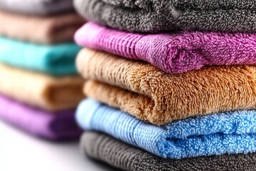 Poster - Colorful towels stacked neatly in a cozy laundry room showcasing a variety of textures and hues in natural light