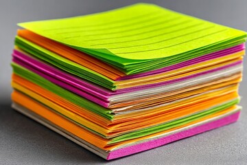 Aufkleber - Brightly colored sticky notes stacked neatly on a gray surface, ideal for organization and reminders in a workspace