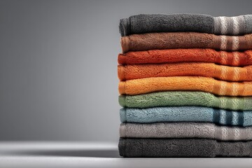 Poster - Colorful stack of freshly folded towels in a modern bathroom setting during daylight hours