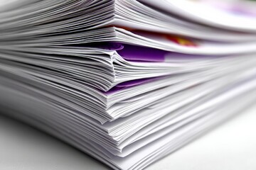 Poster - Stack of neatly arranged sheets of paper showing various colors and textures in a bright workspace during daylight hours