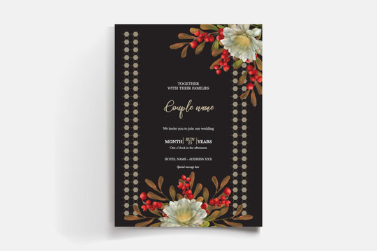 WEDDING INVITATION FRAME WITH FLOWER DECORATIONS AND FRESH LEAVES