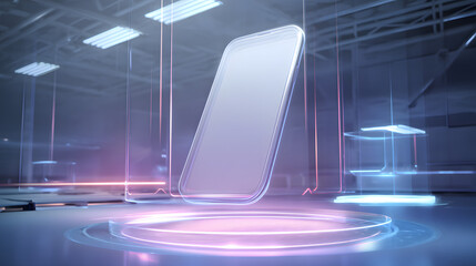 Poster - Smartphone Hologram Display: Futuristic smartphone mockup levitating on a neon-lit platform, set against a backdrop of modern industrial architecture.