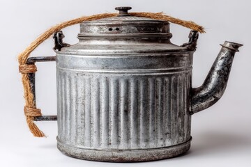Poster - Vintage metal water jug with a rustic rope handle on a white background showcasing its aged design and craftsmanship