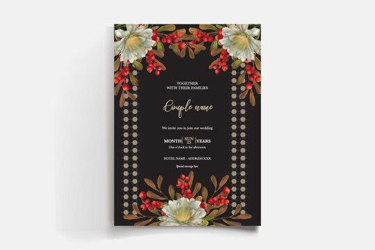 WEDDING INVITATION FRAME WITH FLOWER DECORATIONS AND FRESH LEAVES