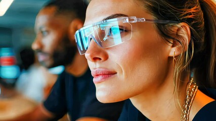 Poster - Woman in digital glasses with a futuristic HUD interface, participating in a corporate brainstorming session with colleagues in background