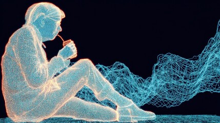 Aufkleber - technology style whit net glowing wave,glowing line glow wave,glow line , sad senior man drinking alone,stock photo
