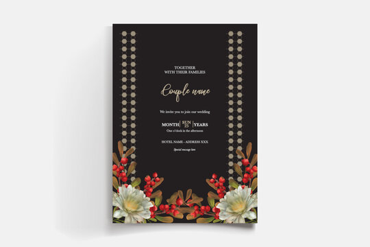 WEDDING INVITATION FRAME WITH FLOWER DECORATIONS AND FRESH LEAVES