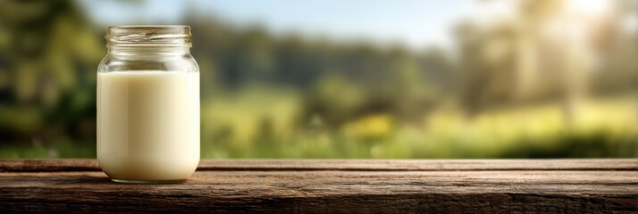 Aufkleber - Fresh Milk Jar on a Wooden Fence in a Serene Countryside Setting