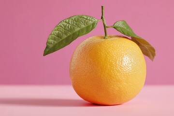 Aufkleber - Fresh orange with green leaves resting on a pink background in a minimalistic setting