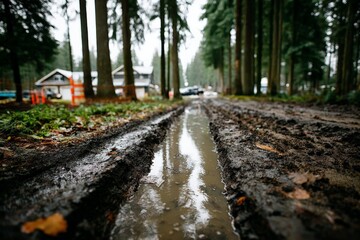 Poster - Mud puddle along a gravel road surrounded by tall trees in a forested area during a rainy day