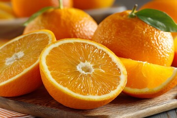 Poster - Freshly sliced oranges on a wooden board showcasing vibrant colors and juicy texture in a cozy kitchen setting