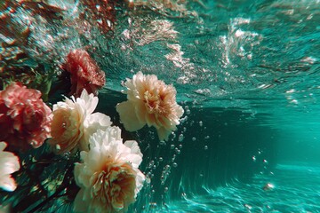 Poster - Flowers submerged underwater with bubbles in a serene aquatic environment during daylight