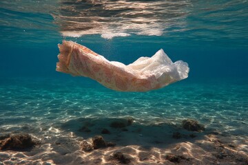 Aufkleber - Floating fabric drifts gracefully beneath clear ocean waters in a serene underwater setting