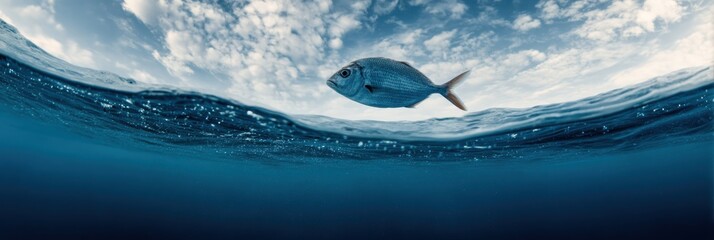 Fototapete - Floating Fish Glistens in Ocean Water Under a Vibrant Sky With Scattered Clouds at Midday