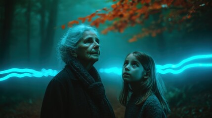 Poster - technology style whit net glowing wave,glowing line glow wave,glow line , senior woman with lovely girl wearing face mask at park