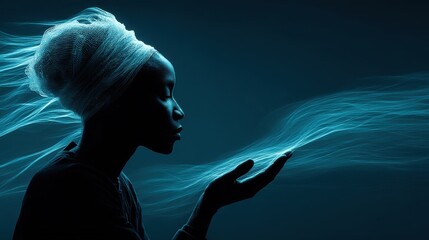 Poster - technology style whit net glowing wave,glowing line glow wave,glow line , side view of beautiful african woman hand with palm up,photo stocks
