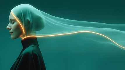 Fototapete - technology style whit net glowing wave,glowing line glow wave,glow line , smiling young woman in hijab,stock photo