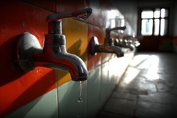 Aufkleber - Faucets dripping water in an empty room with sunlight streaming through the windows