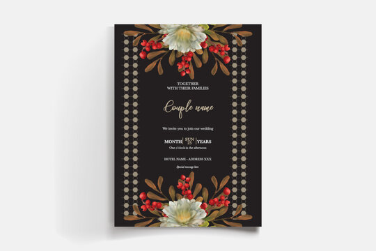 WEDDING INVITATION FRAME WITH FLOWER DECORATIONS AND FRESH LEAVES
