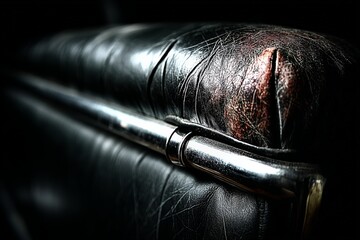 Poster - Worn leather armchair with metal accents in a dimly lit room showcasing vintage decor and character over time
