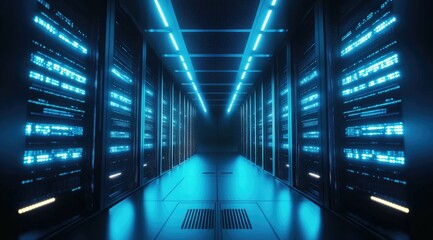 Poster - Symmetrical view down a futuristic server aisle with blue LED lights and polished floors, suggesting advanced cybersecurity and AI-powered cloud systems