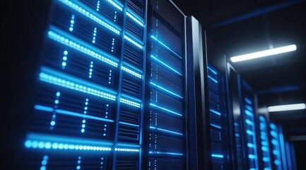 Poster - Close-up angle of glowing blue data servers in a high-tech facility, emphasizing secure data transfer, modern computing systems and digital network technology