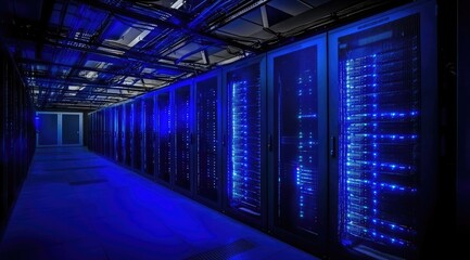 Poster - Dark server corridor with glowing blue server racks and visible overhead cables, reflecting high-end cloud computing, enterprise hosting and network security