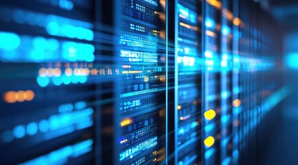 Poster - Fast data transfer and glowing fiber optic lines across modern servers, symbolizing big data analytics, fast connectivity and innovative cloud computation