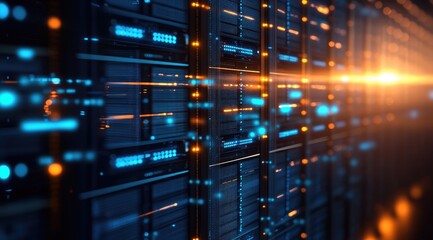 Poster - Orange and blue fiber light signals in a smart server room, highlighting real-time processing, cloud data flow and next-gen enterprise infrastructure
