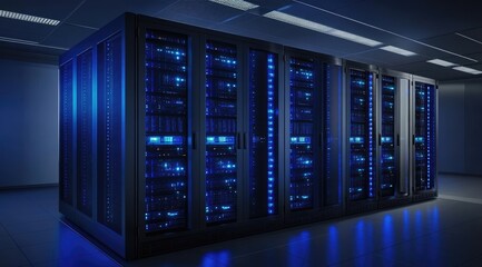 Poster - Illuminated server cabinets arranged in a clean modern data center with advanced cooling and organized cabling, representing reliable digital infrastructure