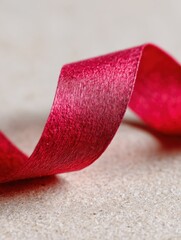 Poster - Macro View of a Red Ribbon Loop on a Textured Paper Surface With an Empty Upper Half Showcasing Vibrant Details and Elegant Sheen