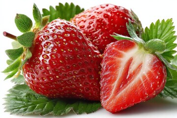 Poster - Fresh strawberries arranged with green leaves on a white background showcasing juicy red fruit