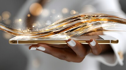 Poster - A person holding a cell phone with an elegant grip while engaging with the digital world