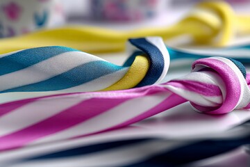 Aufkleber - Colorful fabric ribbons tied in various knots showcase creativity and craftsmanship at a crafting session in a bright studio